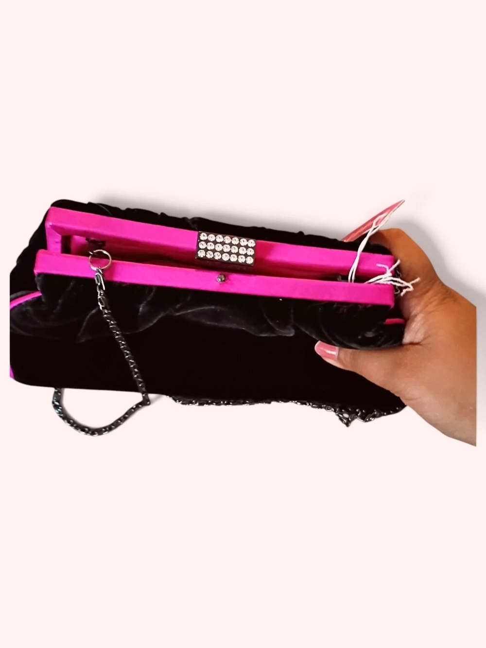 New Olga Berg Black Velvet Clutch with Hot Pink Trim